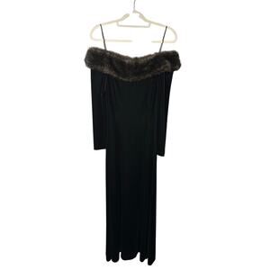 Cachet Vintage 80s Black Velvet Faux Fur Long Sleeve Maxi Dress Women's Medium
